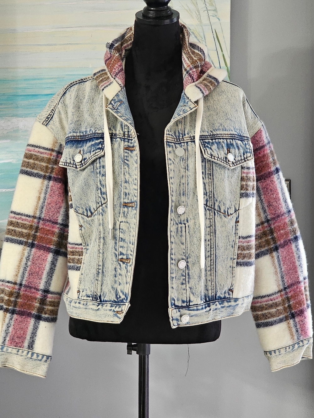 Blank NYC Hooded Denim & Plaid Jacket Sz S